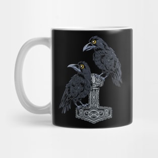 Viking Crows: Cute Ravens perching on Thor's Hammer Mug